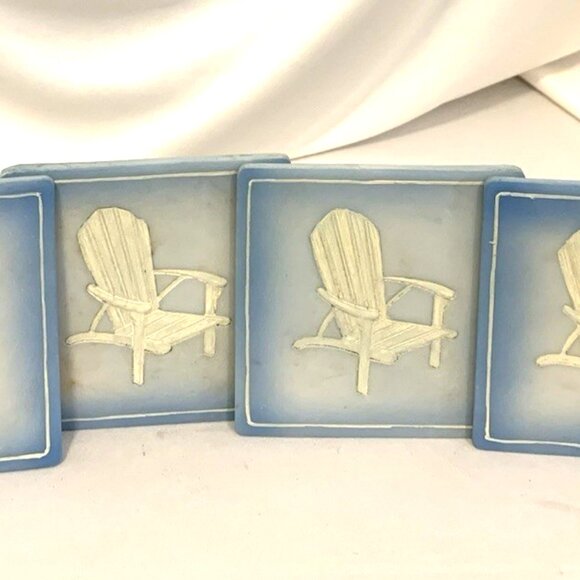 Hand Painted Resin 3D Chair Beach View Set, Stand with 4 Coasters, A. Richesco - Picture 3 of 10
